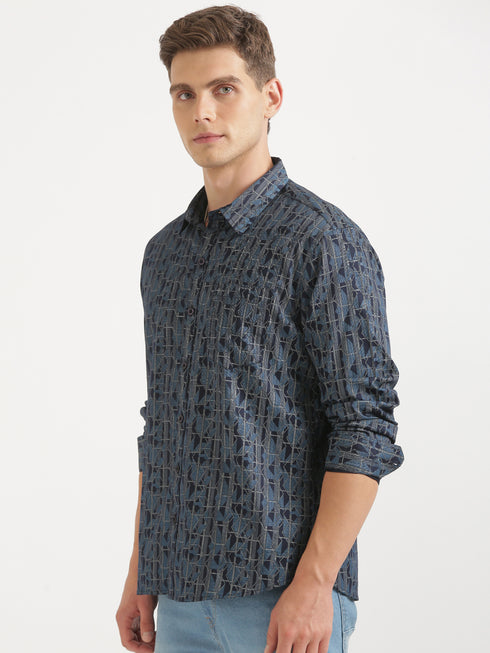 Navy Blue Printed Casual Long Sleeve Shirt